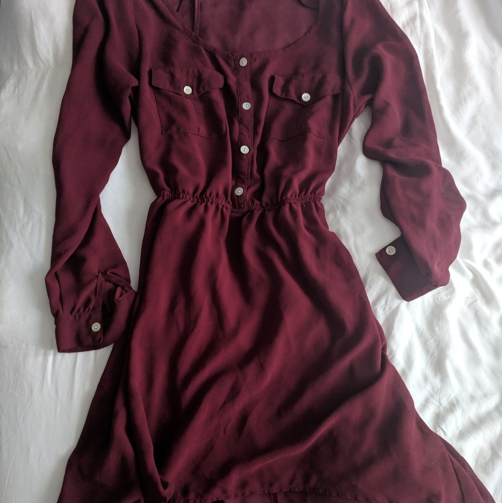 Marooon Long-sleeve Mesh Dress